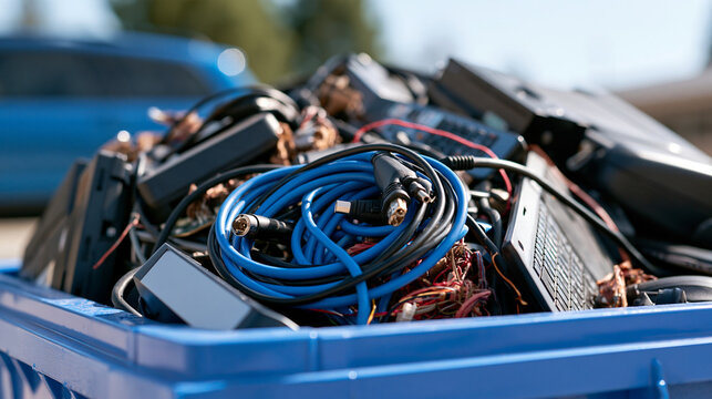 Heap of discarded electronic devices and tangled cables in a bright sorting bin, e-waste recycling concept, hazardous material awareness, tech disposal crisis, clean daylight scene