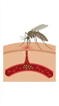 A mosquito biting human skin and transmitting microscopic pathogens