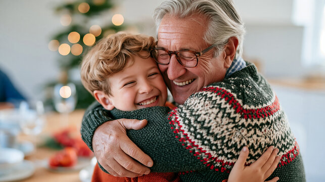 Grandfather in a knitted holiday sweater sharing a warm side hug with his grandson over a decorated dinner table, faces out of frame, bright clean festive scene