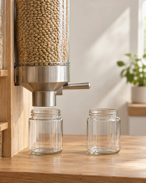 Refillable Glass Containers Beside a Plain Bulk Dispenser