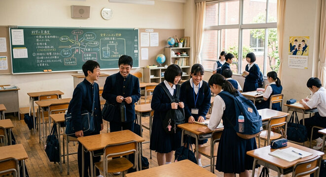 Cheerful Japanese Students in School Uniforms During Break Time