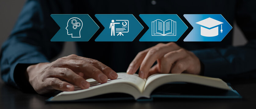 Concept of Online education. man use Online education training and e-learning webinar on internet for personal development and professional qualifications. Digital courses to develop new skills.	
