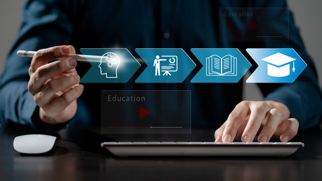 Concept of Online education. man use Online education training and e-learning webinar on internet for personal development and professional qualifications. Digital courses to develop new skills.	
