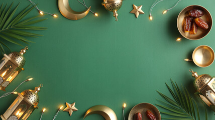 Beautiful Eid celebration decor with lanterns dates and festive green background © Ayesha