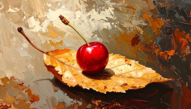 Macro close-up shot of a single glossy red cherry resting on a dry autumn leaf against a textured painted background, commercial still life advertisement banner layout with copy space