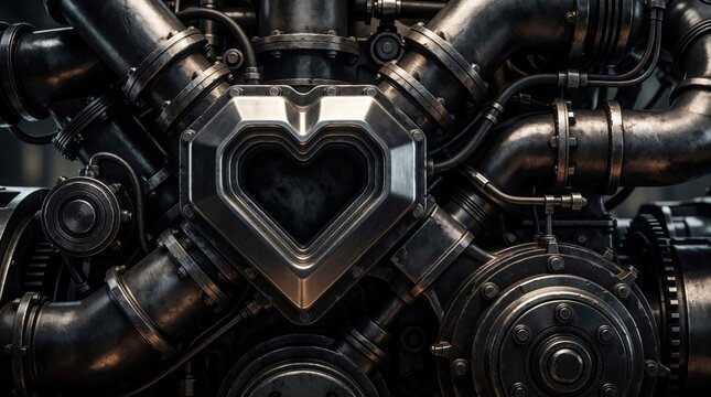 Close up industrial machine engine with heart shaped element. Mechanical parts pipes gears form powerful complex system. Metallic structure shows strength precision.