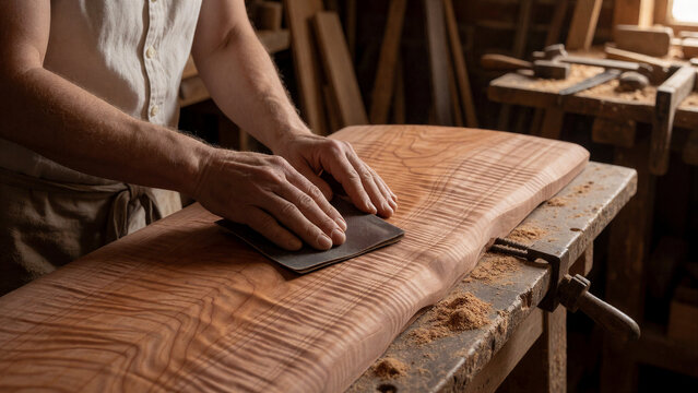 Eine Schreinerin schleift Kirschholz von Hand. Die Variante unterscheidet sich bewusst durch traditionelles Handschleifen und eine r&ouml;tliche, dekorative Holzart.