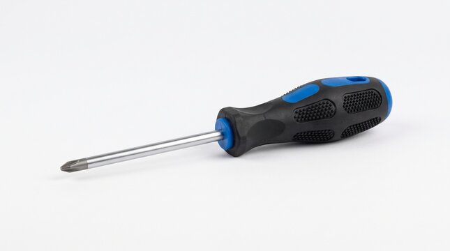 Phillips head screwdriver with a black and blue rubber handle on white