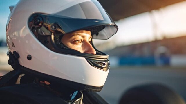 A focused racer wearing a white safety helmet
