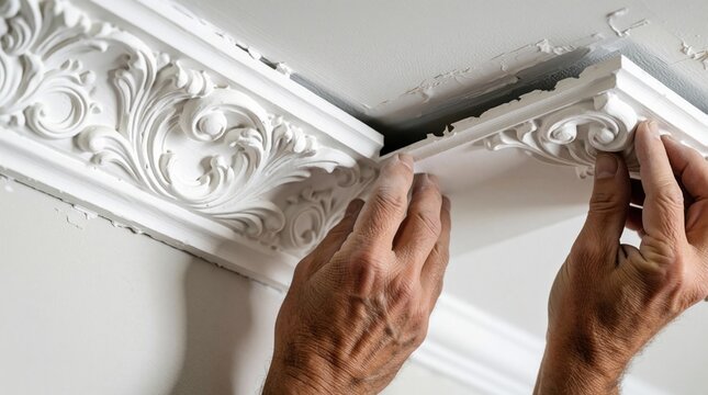 Hands install ornate white crown molding onto a ceiling corner. Detailed plasterwork adorns the decorative trim. Home improvement project involves interior wall finishing.