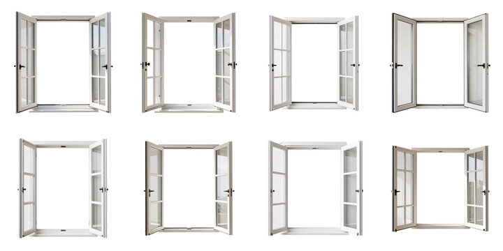 Eight white window frames with differing opening angles isolated on a black background