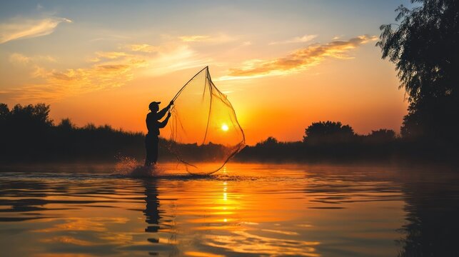 Silhouette of a fisherman casting a net at sunrise over a calm river