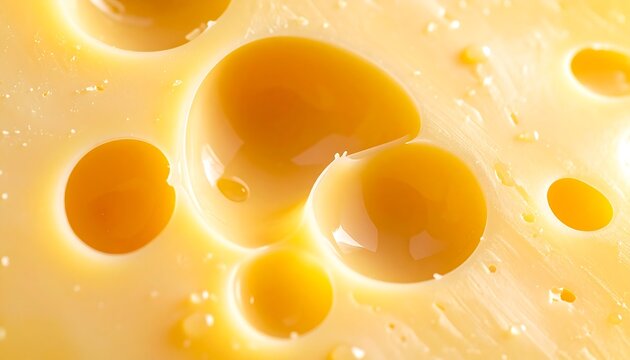 Extreme close-up of Swiss cheese texture with characteristic holes and glossy surface filling the entire frame. Ideal for dairy promotions, artisan cheese concepts, gourmet food packaging, and commerc