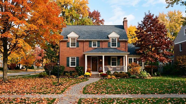 Beautiful brick house in a quiet suburban neighborhood surrounded by colorful autumn trees and fallen leaves in fall