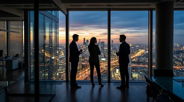 Three business people standing in a modern office looking at the city skyline at sunset