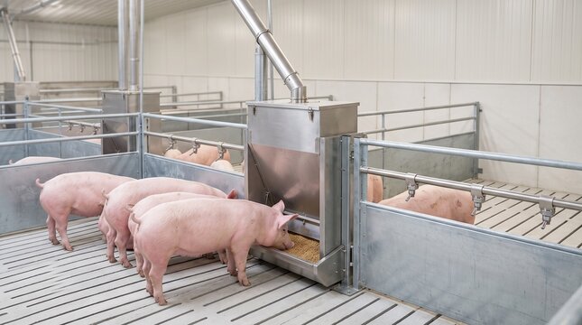 Automated system dispensing feed to pigs in modern livestock barn representing smart farming and agricultural technology