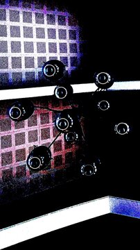 Modern black sputnik chandelier lamp fixture set against a purple grid pattern ceiling background. Ideal for modern interior design, lighting concepts, and architectural backgrounds.
