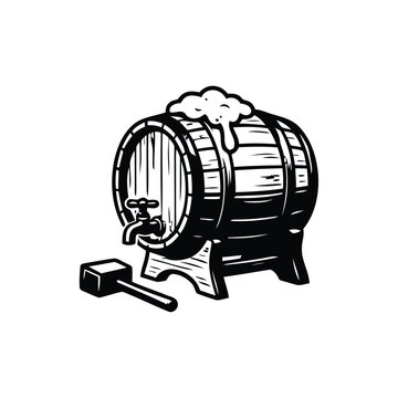 Vintage wooden beer barrel with foam and tap, rustic brewery keg vector illustration, hand drawn ale barrel icon for pub and tavern branding