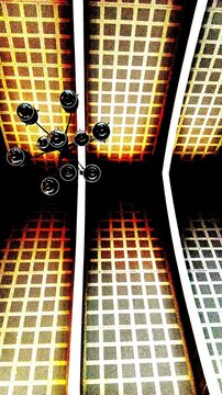 Low angle view of modern interior architecture featuring a stylish chandelier fixture and warm grid ceiling panel texture. Ideal for interior design, lighting, and architectural concepts.