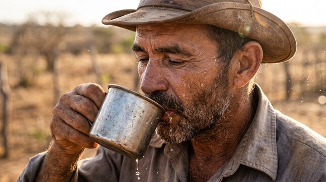 Thirsty farmer wearing hat drinking water from old metal cup in dry sertao landscape