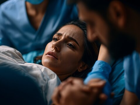 Pregnant woman holding hands during c-section surgery, symbolizing emergency childbirth anxiety, maternal vulnerability, surgical delivery, and partner support.