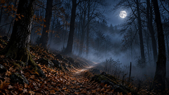 Foggy forest path at night with moonlight through bare branches