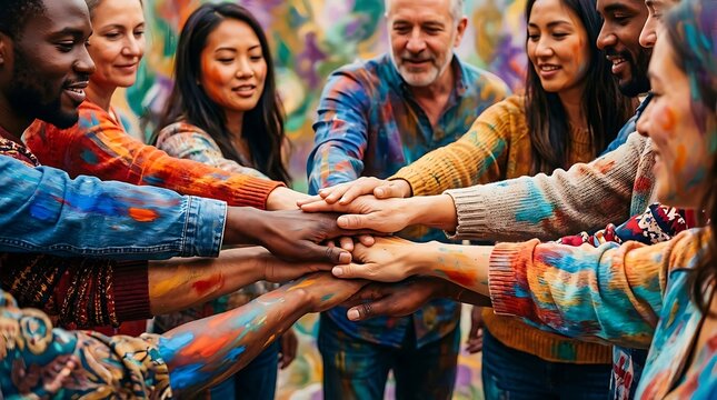 Diverse group of happy people stacking their hands together in a circle to show unity and teamwork and cooperation