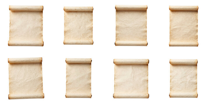Set of eight parchment scrolls isolated on a black background for design projects