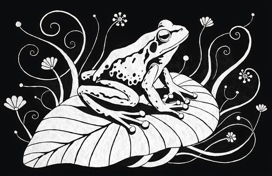 Two frogs sitting on a large leaf with decorative flowers