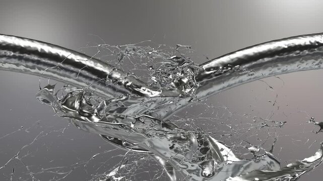 Liquid metal pouring from two crossed pipes into a turbulent splash against a gray gradient background