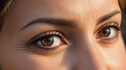 Fototapeta premium Extreme close-up macro portrait of woman's brown eyes with thick black mascara coated curled lashes, defined arched brows, smooth skin texture, soft warm natural lighting on female face, beauty and