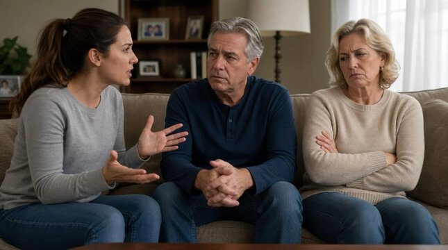 Family disagreement on living room couch, adult daughter gesturing emphatically while older mother and father sit tensely with crossed arms, generational conflict, emotional tension at home