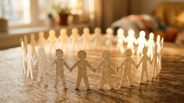 Group of paper people holding hands in a circle representing teamwork unity community and friendship in warm light