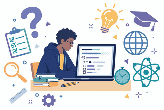 Male Student Working on Laptop and Studying Online Vector Illustration