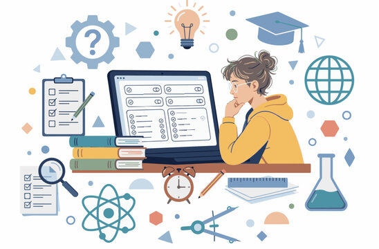 Vector Illustration of Female Student Taking Online Exam and Studying on Laptop