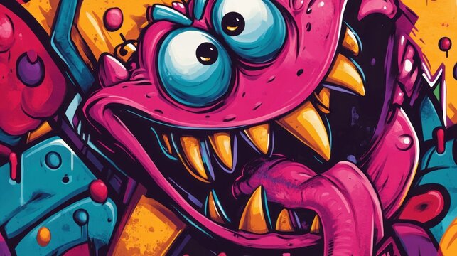 Vibrant, grotesque monster graphic art.  Exaggerated features, bold colors, and a playful, yet unsettling design