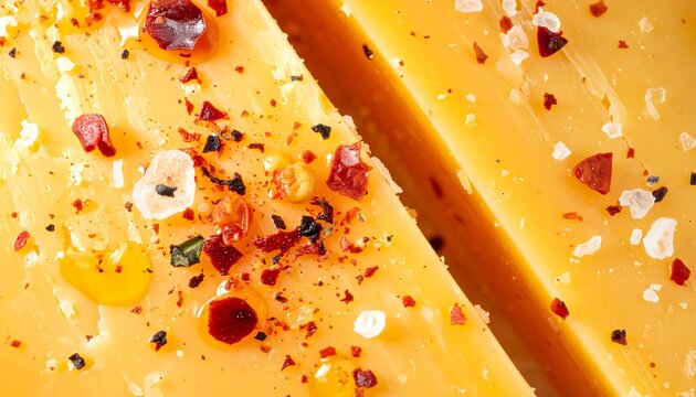 extreme close-up of aged yellow craft cheese with a dense smooth texture, irregular eye holes, glistening moisture beads, coarse sea salt crystals, and crushed red chili pepper flakes filling the enti