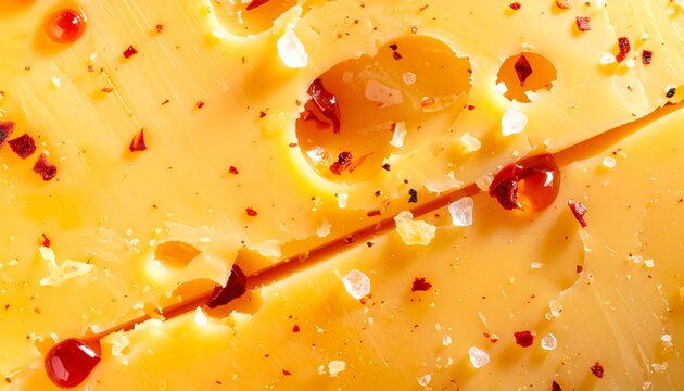 extreme close-up of aged yellow craft cheese with a dense smooth texture, irregular eye holes, glistening moisture beads, coarse sea salt crystals, and crushed red chili pepper flakes filling the enti