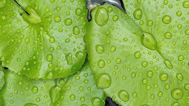 Water drops on green lotus leaf fresh morning dew macro background beautiful nature rainy season concept abstract natural pattern and texture.