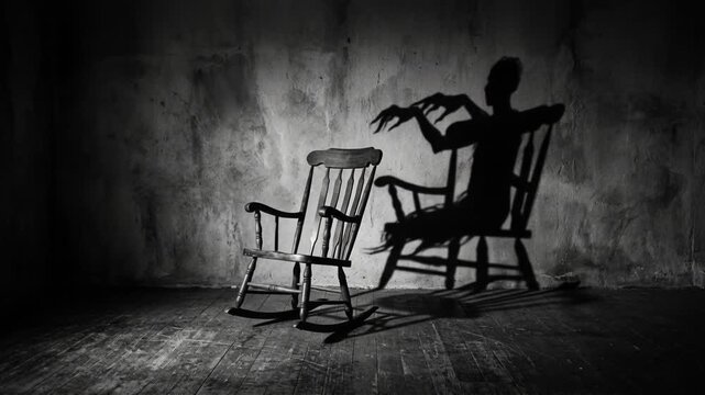 An empty wooden rocking chair casts a spooky monster shadow in a dark room. Creepy psychological thriller atmosphere and supernatural fear. Halloween 2026 dark fantasy horror concept.
