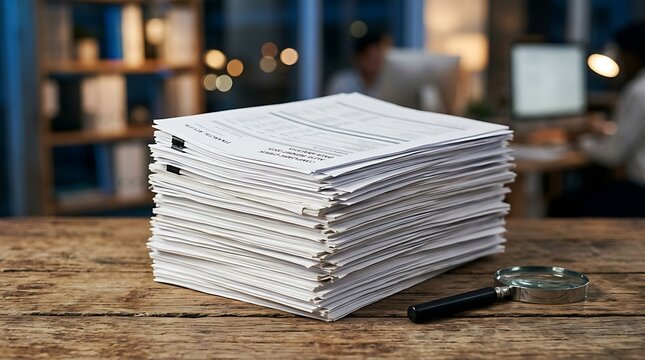 A tall stack of white paper documents on a wooden office desk in a blurred business environment