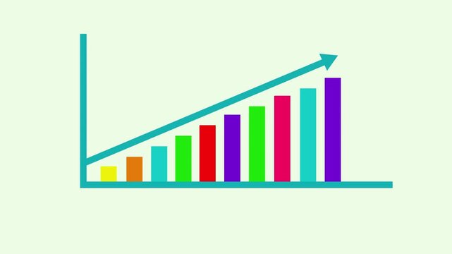 Colorful bar chart with upward arrow showing financial growth and business success on light background