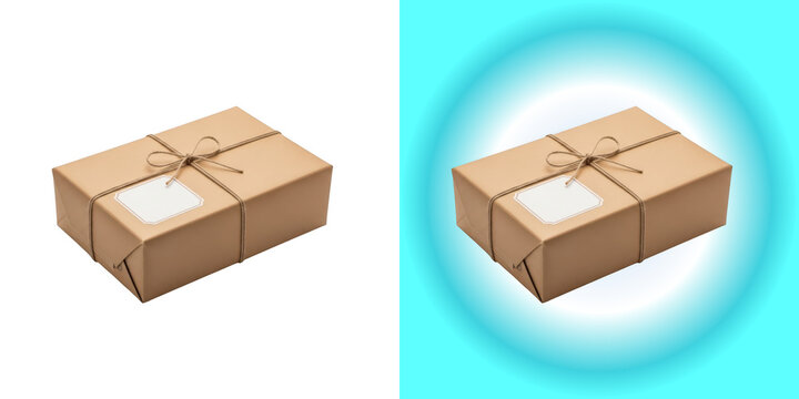 Brown paper parcel box with blank tag isolated on white background