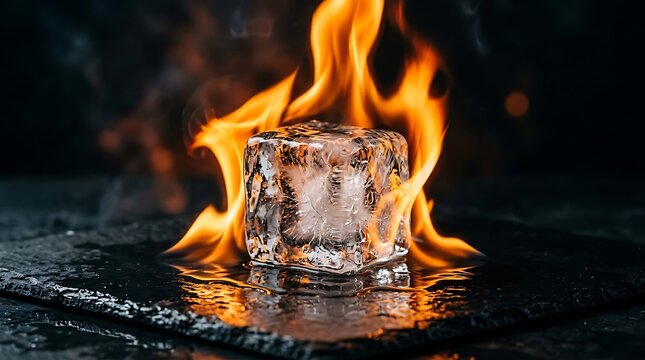 A single ice cube melting in bright orange flames on a dark black surface