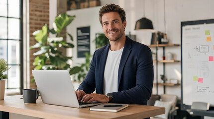 Obraz premium Cheerful young male business leader in casual navy blazer working on silver laptop at standing desk in modern office, smiling professional typing at workspace