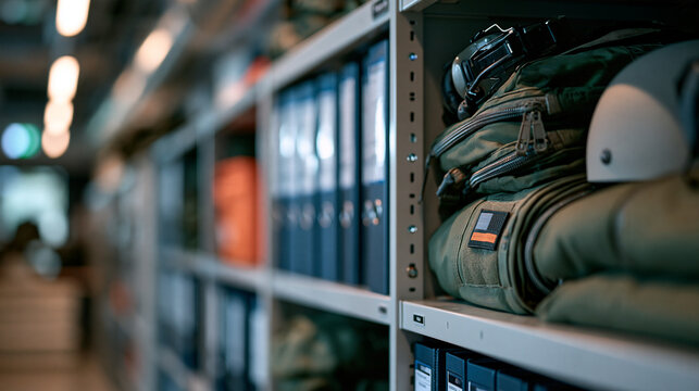 Blurred military barracks corridor with rows of neatly organized storage cabinets and folded gear, facility management concept, indoor scene, with copy space
