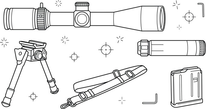Rifle optical scope and shooting gear accessories vector set featuring tactical bipod silencer sling and gun magazine clip