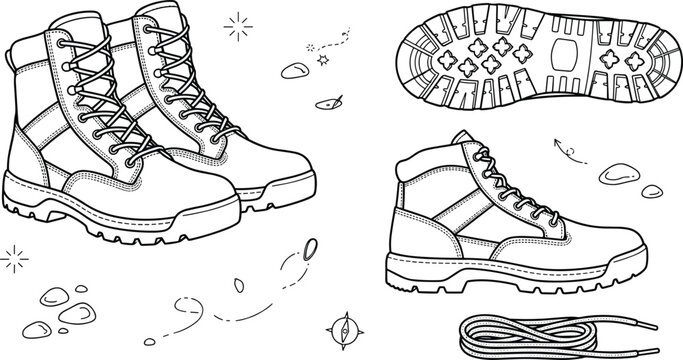 Tactical combat boots vector set featuring military hiking footwear rubber sole texture laces and outdoor adventure elements