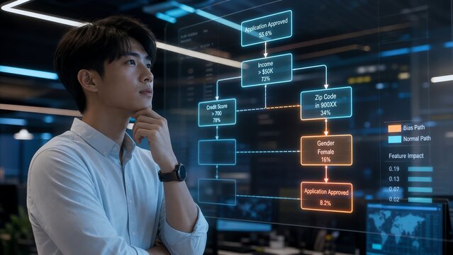 Data Analyst Examining Explainable AI Decision Tree Showing Bias Path
