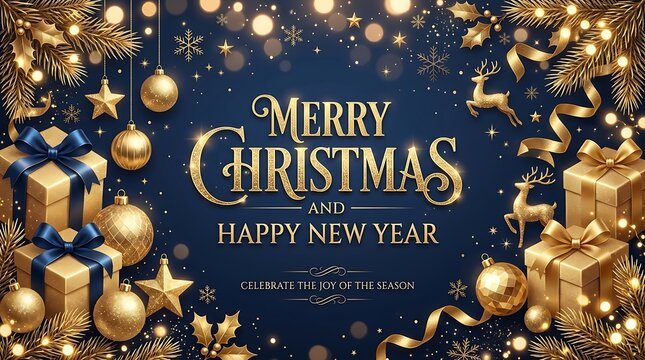 Merry Christmas and Happy New Year greeting card design with golden ornaments and gifts on a dark blue background